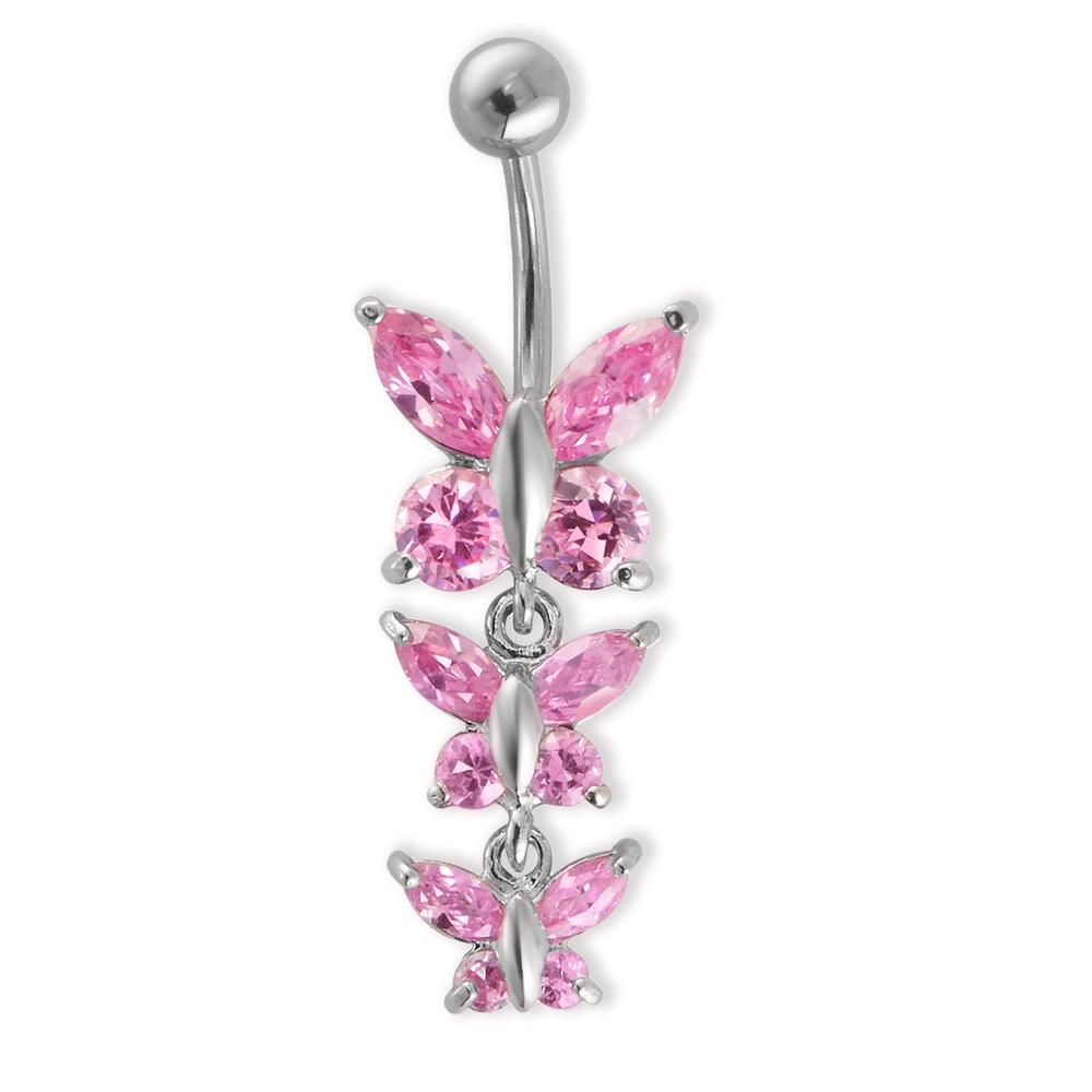 Piercing nombril Acier inoxydable Zircone rose, 12 Pierres Papillon