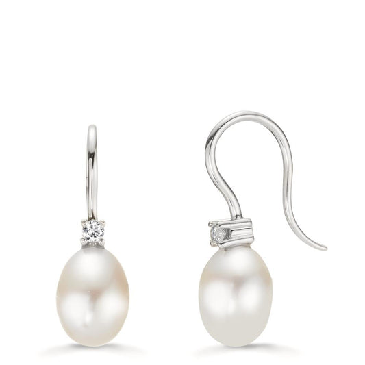 Pendant d'oreilles Or blanc 18K Zircone 2 Pierres perle d'eau douce