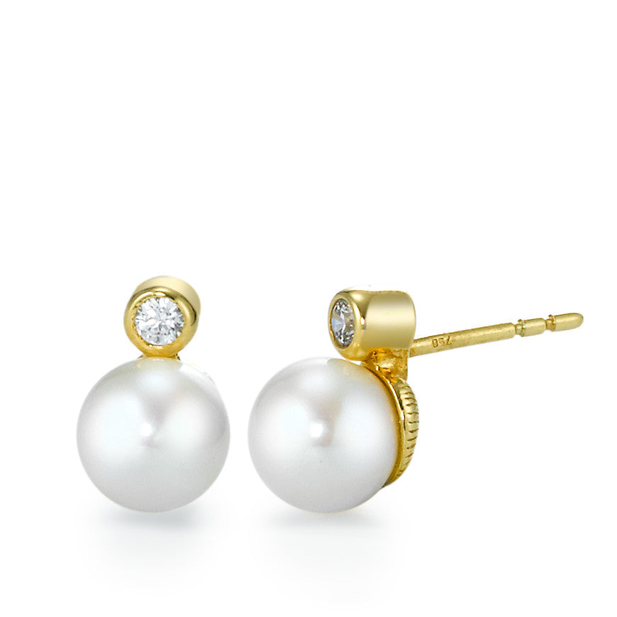 Clous d'oreilles Or jaune 18K Zircone 2 Pierres perle d'eau douce