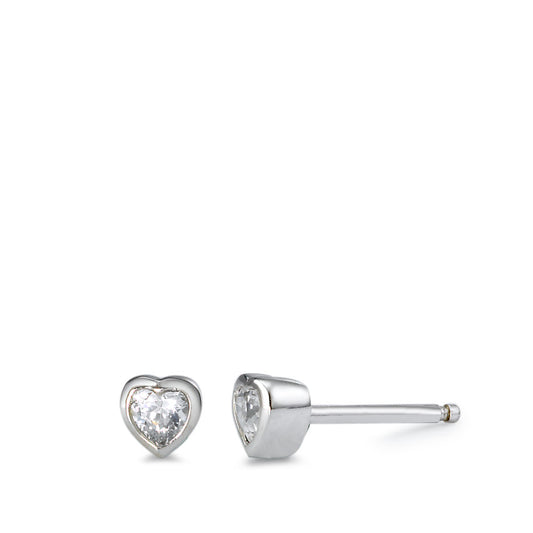 Clous d'oreilles Argent Zircone blanc, 2 Pierres Rhodié Coeur