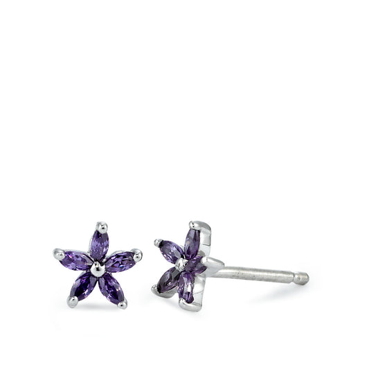 Clous d'oreilles Argent Zircone violet, 10 Pierres, navette Rhodié Ø7 mm