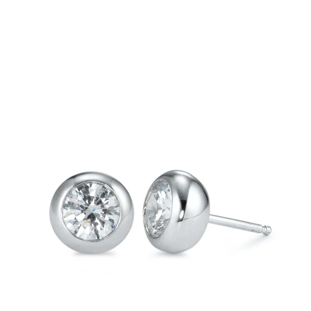 Clous d'oreilles Argent Zircone blanc, 2 Pierres, rond, 6 mm Rhodié Ø9 mm