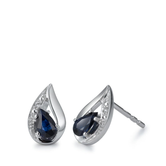 Clous d'oreilles Or blanc 18K Saphir bleu, 2 Pierres, goutte, Diamant blanc, 0.01 ct, w-pi1