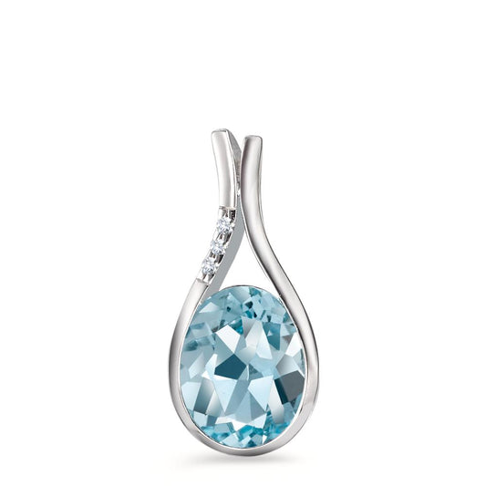 Pendentif Or blanc 18K Topaze bleu, ovale, Diamant blanc, 0.015 ct, 3 Pierres, brillant, w-si