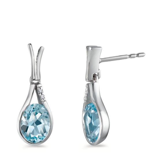 Pendant d'oreilles Or blanc 18K Topaze bleu, 2 Pierres, ovale, Diamant blanc, 0.016 ct, 2 Pierres, brillant, w-si