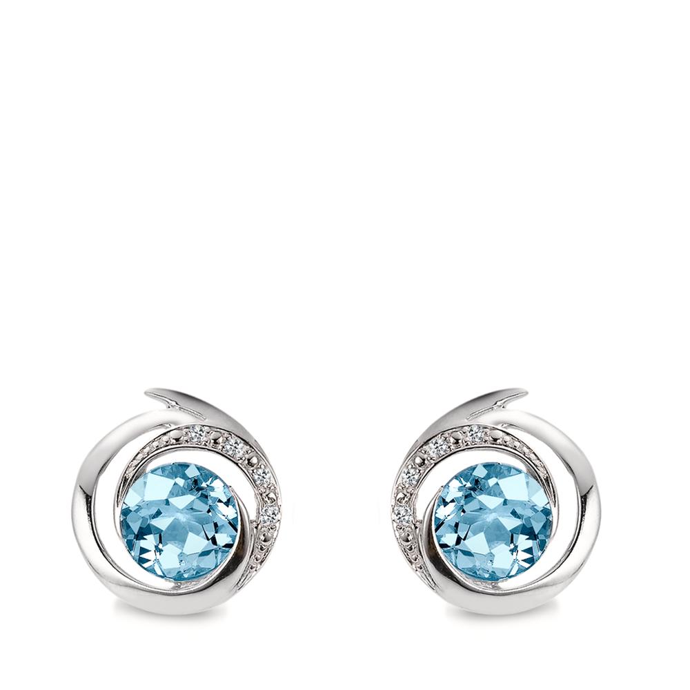 Clous d'oreilles Or blanc 18K Topaze bleu, 2 Pierres, Diamant blanc, 0.03 ct, 6 Pierres, brillant, w-si Ø11 mm