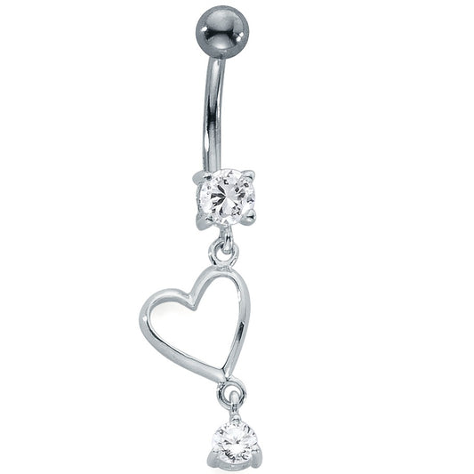 Piercing nombril Acier inoxydable, Argent Zircone blanc, 2 Pierres Coeur