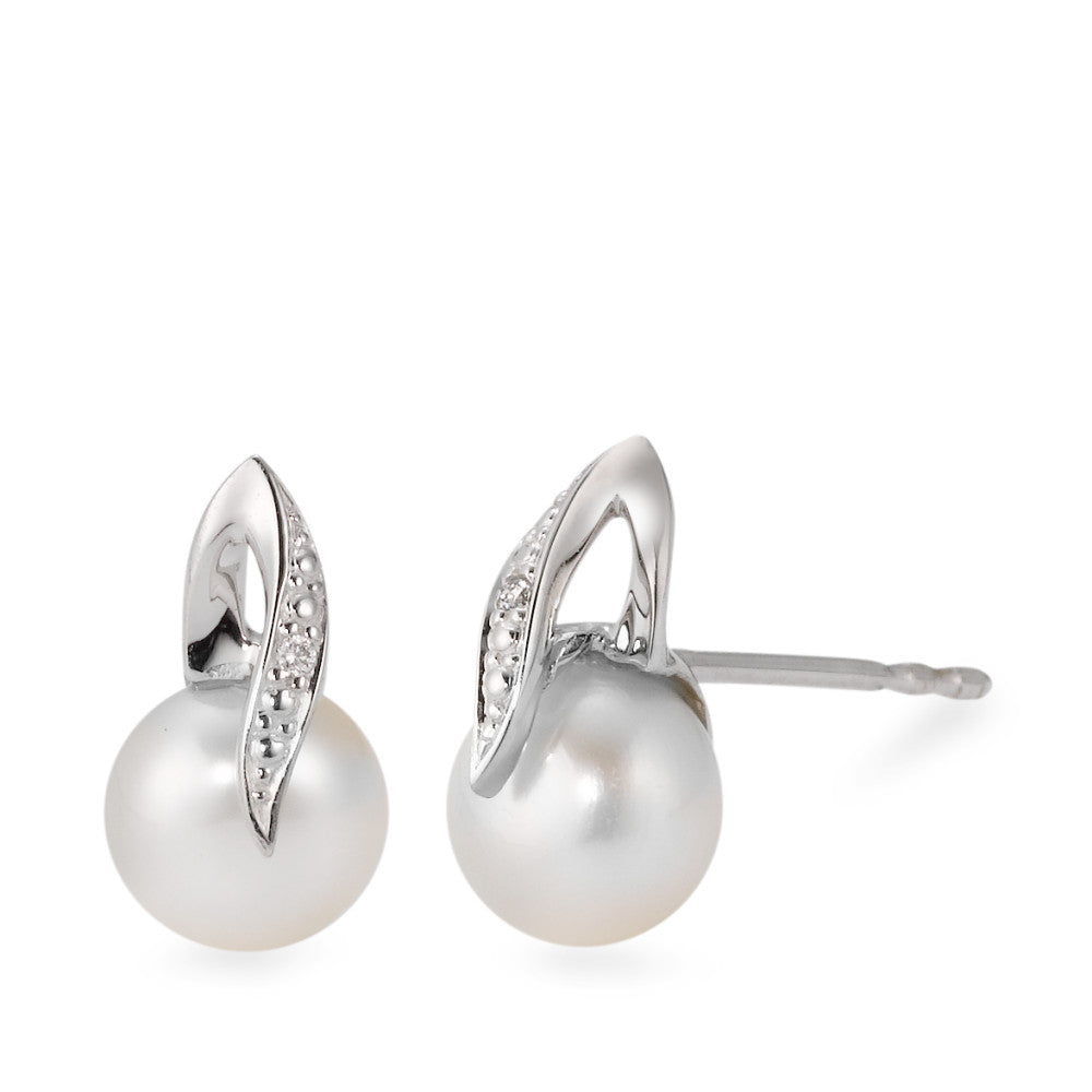 Clous d'oreilles Or blanc 18K Diamant blanc, 0.01 ct, 2 Pierres, brillant, w-si perle d'eau douce