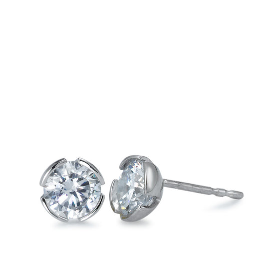 Clous d'oreilles Or blanc 9K Zircone 2 Pierres Ø7 mm