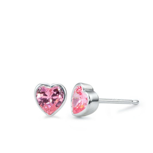 Clous d'oreilles Argent Zircone rose, 2 Pierres Coeur Ø6 mm