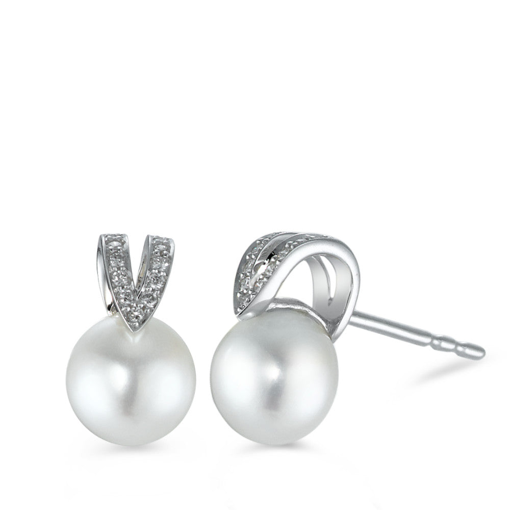 Clous d'oreilles Or blanc 18K Diamant 0.07 ct, 22 Pierres, brillant, w-si perle d'eau douce