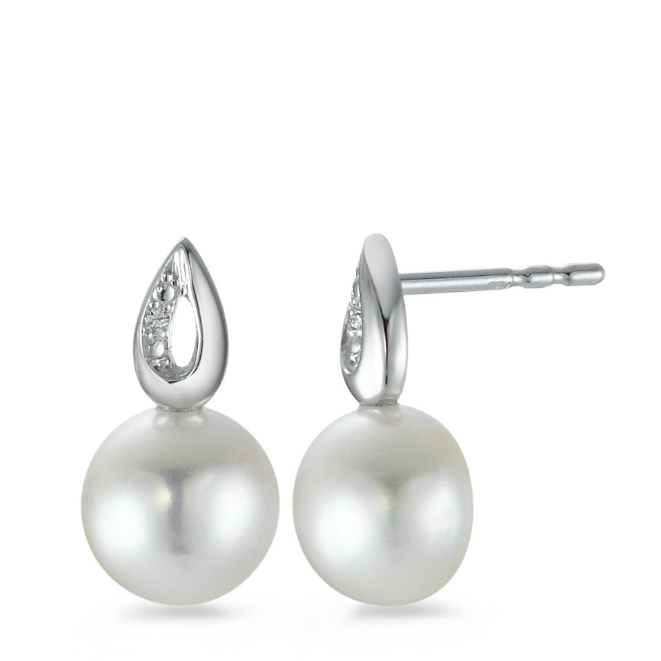 Clous d'oreilles Or blanc 18K Diamant 0.008 ct, 2 Pierres, brillant, p1 perle d'eau douce