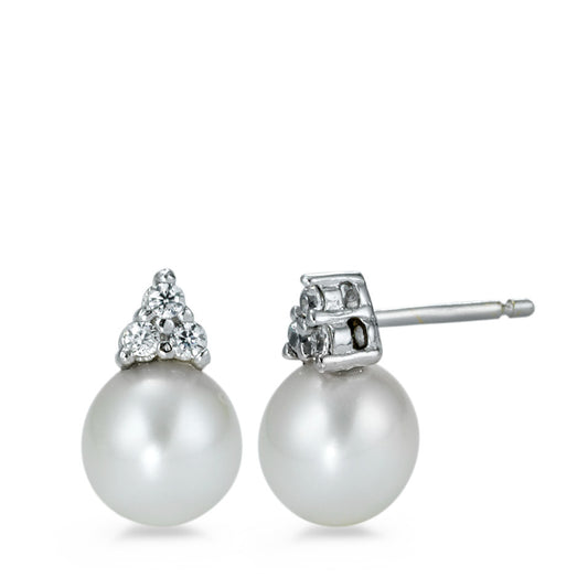 Clous d'oreilles Or blanc 18K Zircone 6 Pierres perle d'eau douce