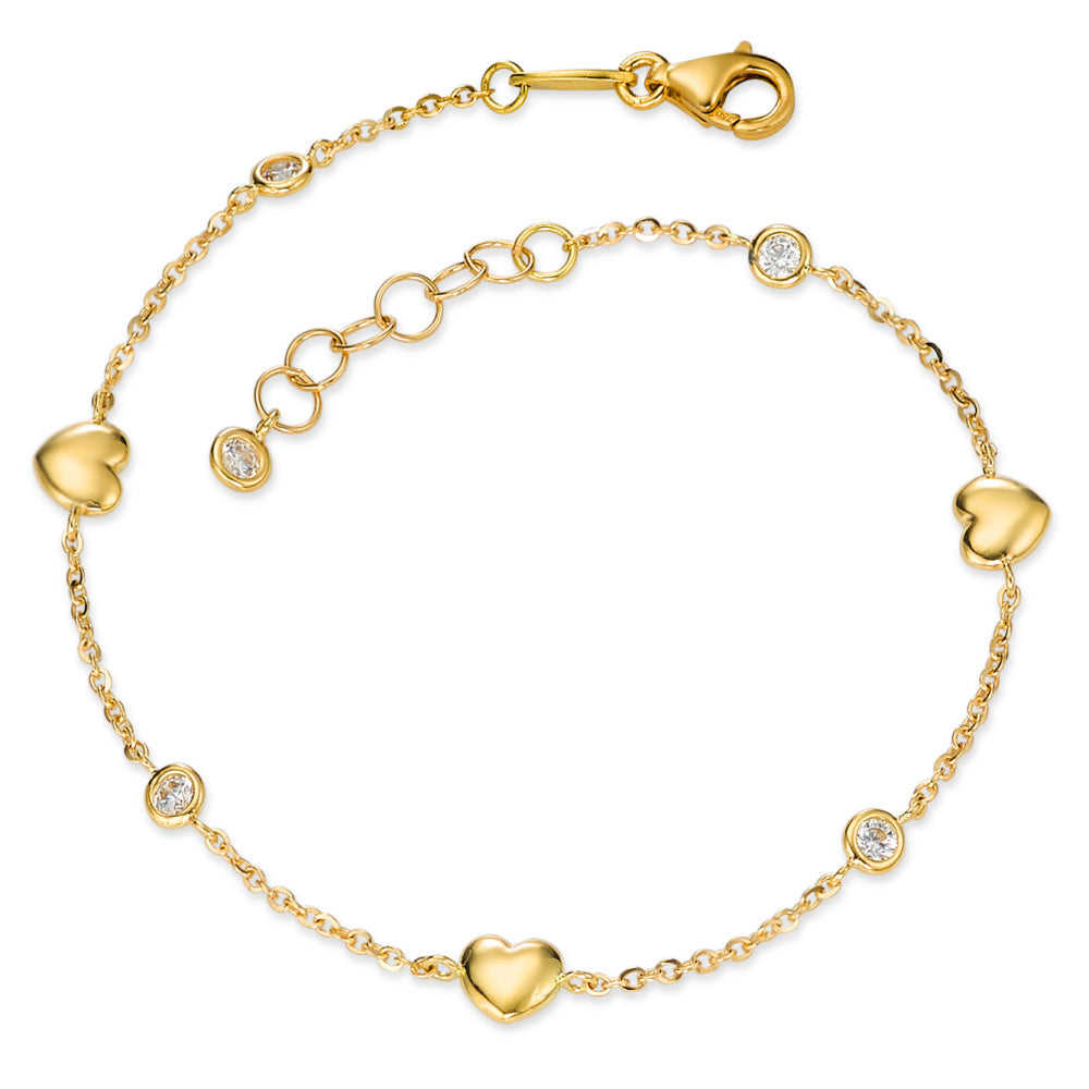 Bracelet Or jaune 18K Zircone 5 Pierres Coeur 16-18 cm