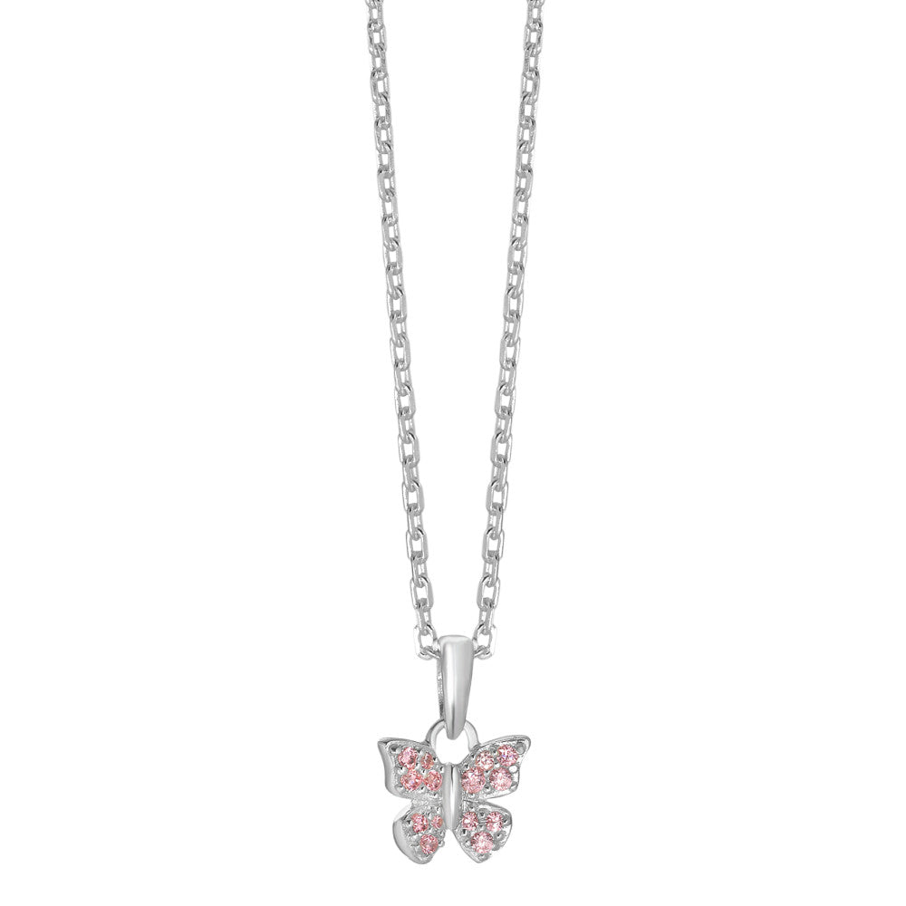 Chaînette avec pendentif Argent Zircone rose, 14 Pierres Papillon 36-38 cm Ø9 mm