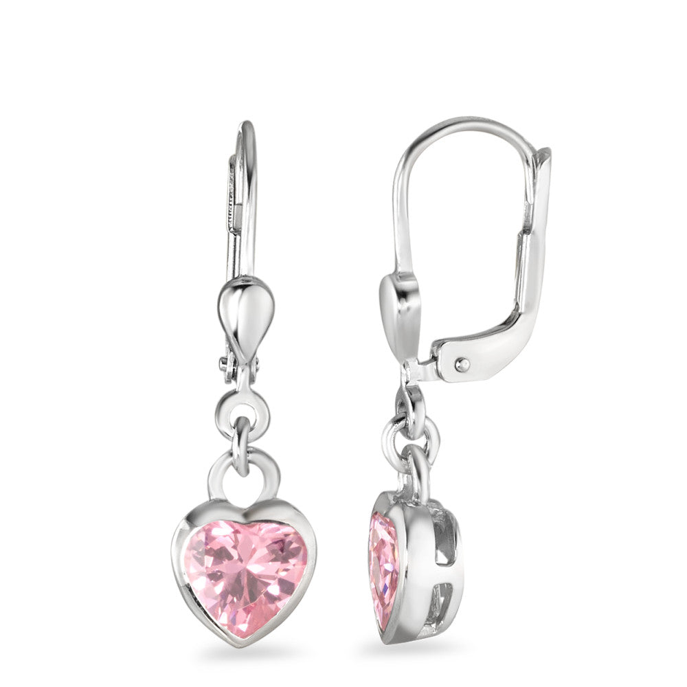 Pendant d'oreilles Argent Zircone rose, 2 Pierres Rhodié Coeur Ø7 mm