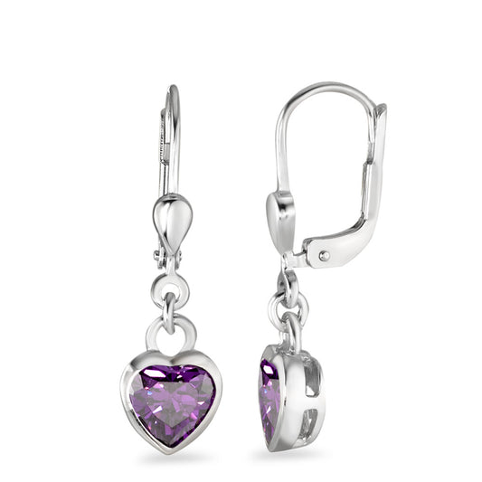 Pendant d'oreilles Argent Zircone violet, 2 Pierres Rhodié Coeur Ø7 mm