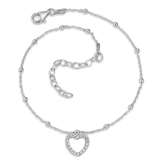 Chaînette de cheville Argent Zircone Rhodié Coeur 22-26 cm