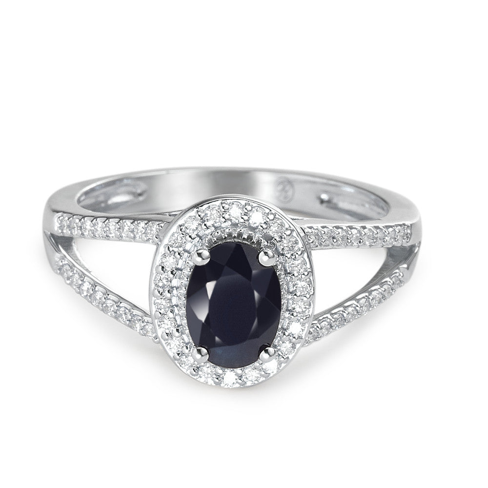 Bague Or blanc 9K Saphir bleu, 0.95 ct, ovale, AAA, Diamant blanc, 0.23 ct, 12 Pierres, w-pi1