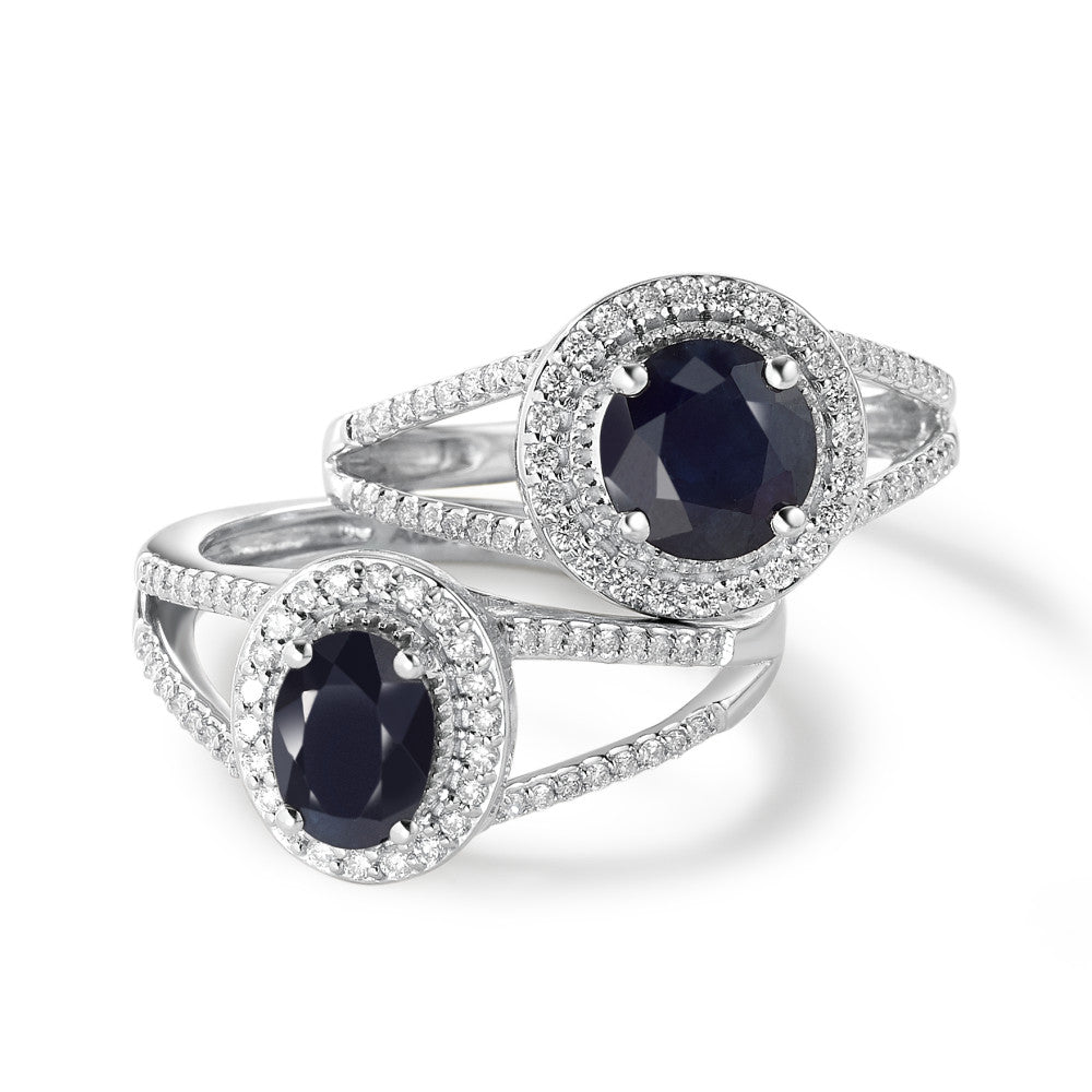 Bague Or blanc 9K Saphir bleu, 0.95 ct, ovale, AAA, Diamant blanc, 0.23 ct, 12 Pierres, w-pi1