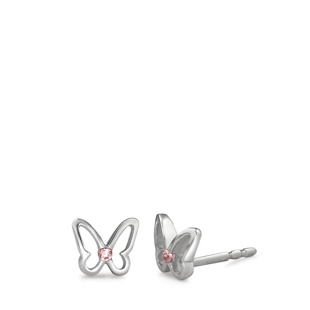 Clous d'oreilles Argent Zircone rose, 2 Pierres Rhodié Papillon