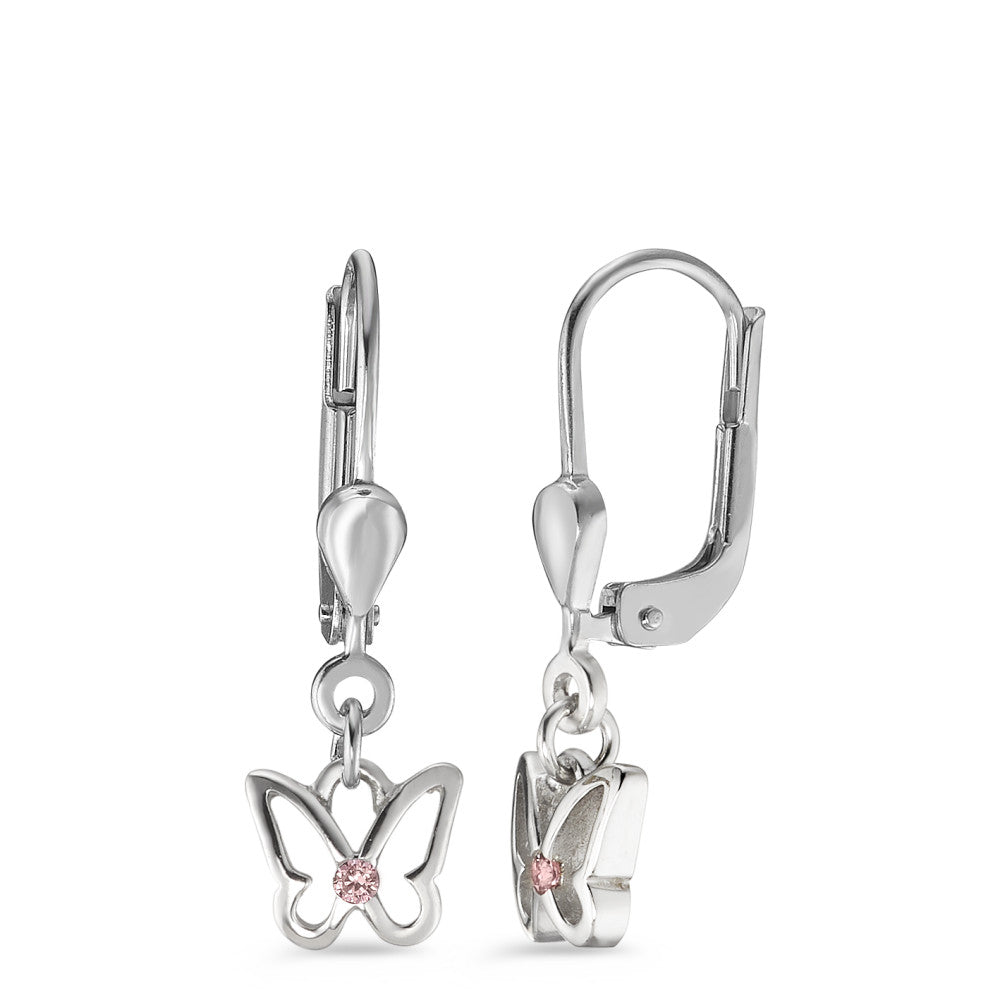 Pendant d'oreilles Argent Zircone rose, 2 Pierres Rhodié Papillon