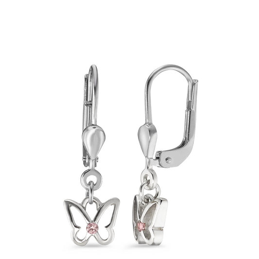 Pendant d'oreilles Argent Zircone rose, 2 Pierres Rhodié Papillon