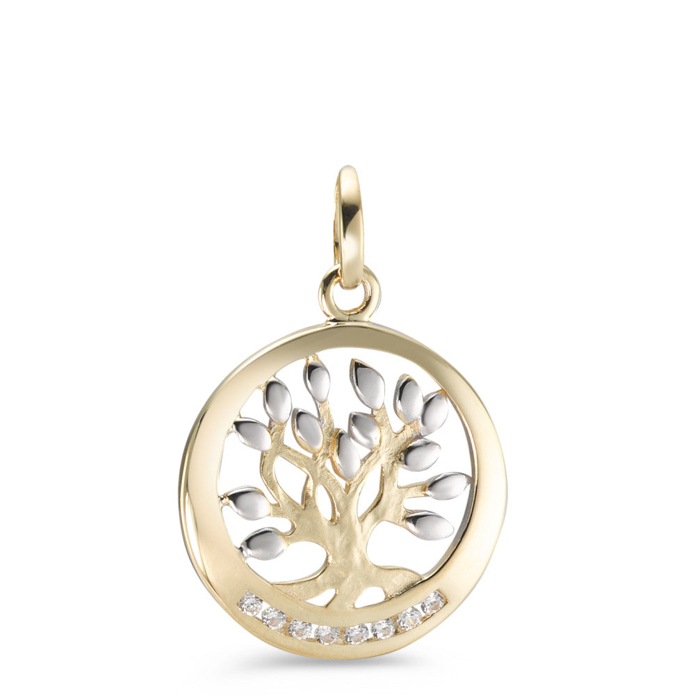 Pendentif Or jaune 9K Zircone 9 Pierres Bicolore Arbre de la vie Ø16 mm