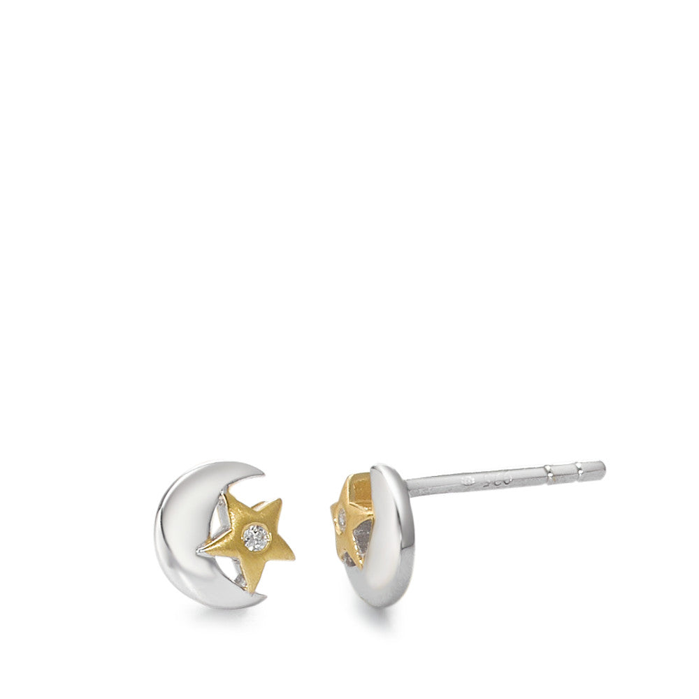 Clous d'oreilles Argent Zircone 2 Pierres jaune Bicolore Lune