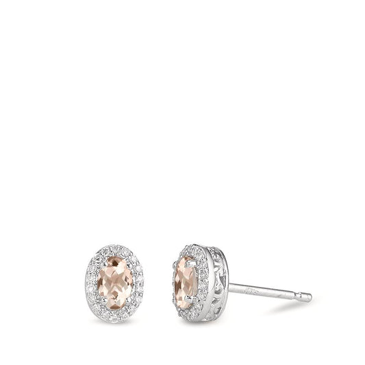 Clous d'oreilles Or blanc 9K Morganite champagne, 0.40 ct, 2 Pierres, ovale, Diamant blanc, 0.12 ct, 36 Pierres, w-pi3