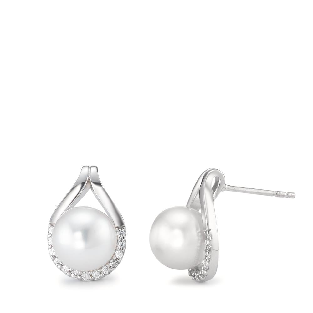 Clous d'oreilles Or blanc 18K Zircone 26 Pierres perle d'eau douce