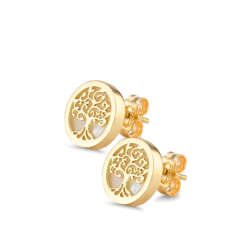 Clous d'oreilles Or jaune 18K nacre Arbre de la vie Ø10 mm