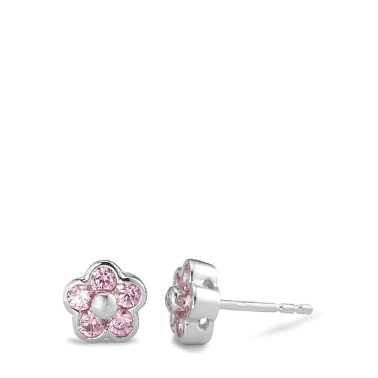 Clous d'oreilles Or blanc 18K Zircone rose, 10 Pierres Fleur Ø7 mm