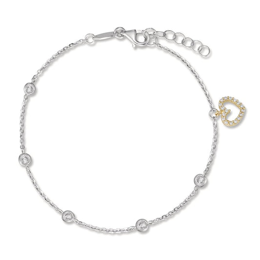 Bracelet Or blanc 18K, Or jaune 18K Zircone Coeur 16.5-18.5 cm