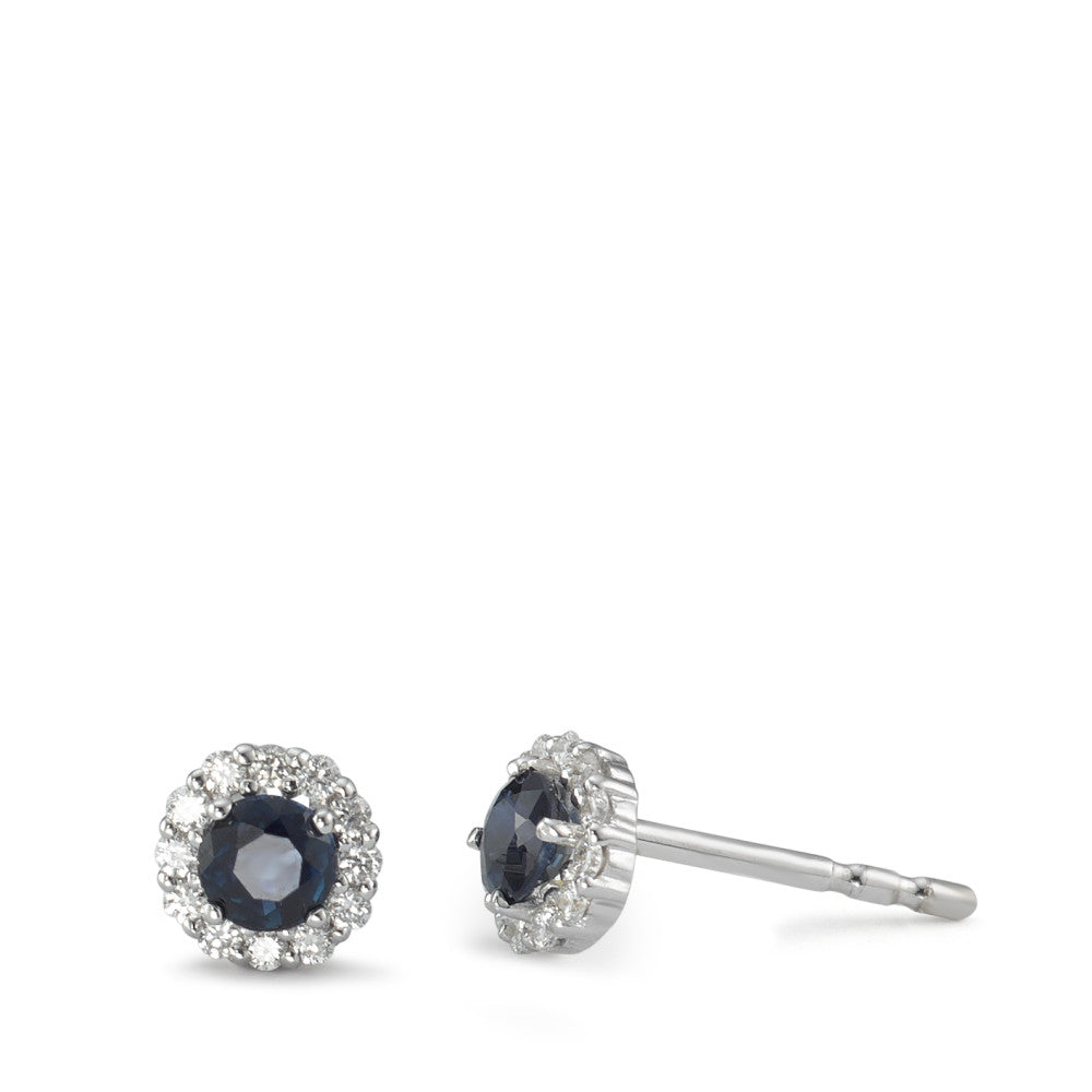 Clous d'oreilles Or blanc 18K Saphir bleu, 2 Pierres, Diamant 0.12 ct, 24 Pierres, w-si Ø5 mm