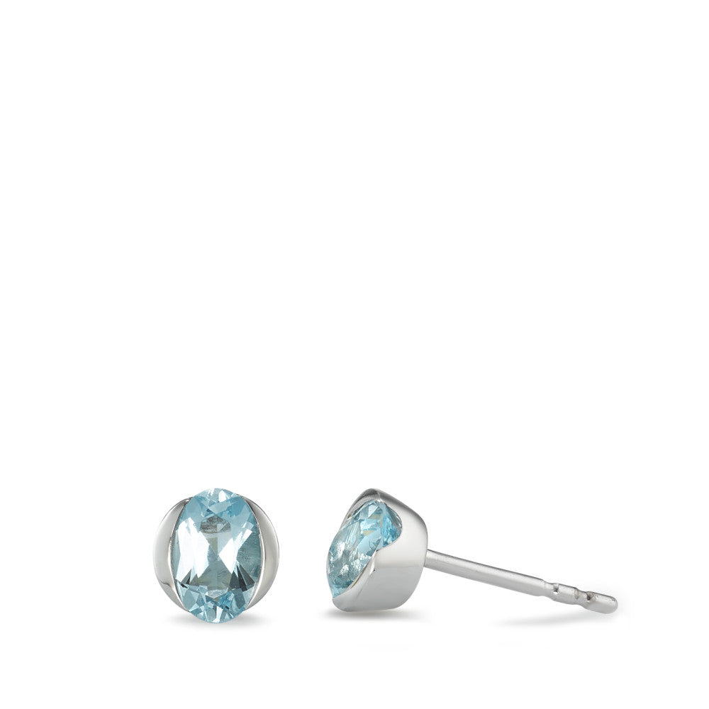 Clous d'oreilles Or blanc 18K Topaze bleu, 2 Pierres Ø5.5 mm