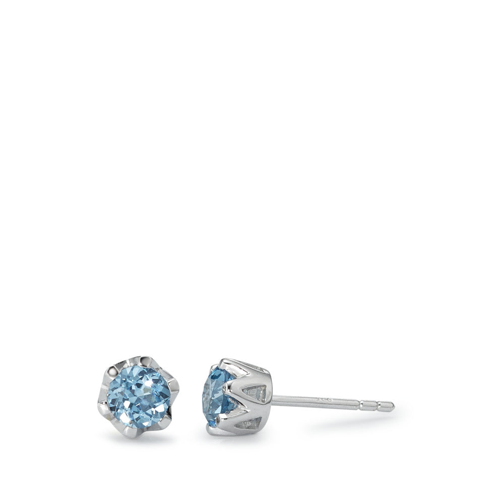 Clous d'oreilles Argent [synth. Aquamarin] aqua, 2 Pierres Rhodié Ø6 mm