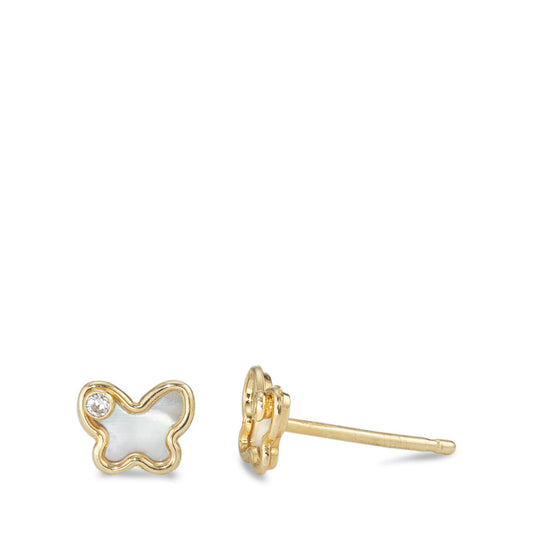 Clous d'oreilles Or jaune 14K Zircone 2 Pierres nacre Papillon Ø5 mm