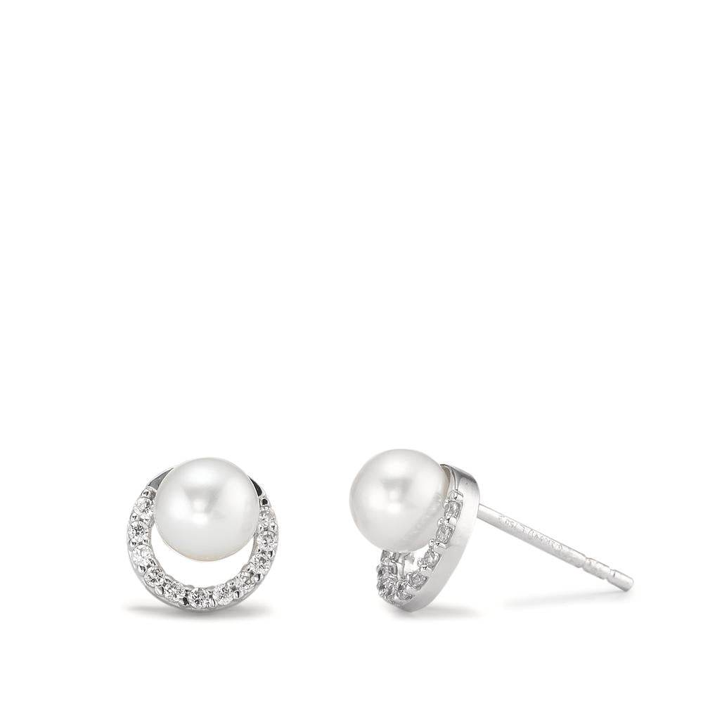 Clous d'oreilles Or blanc 18K Zircone perle d'eau douce Ø7.5 mm