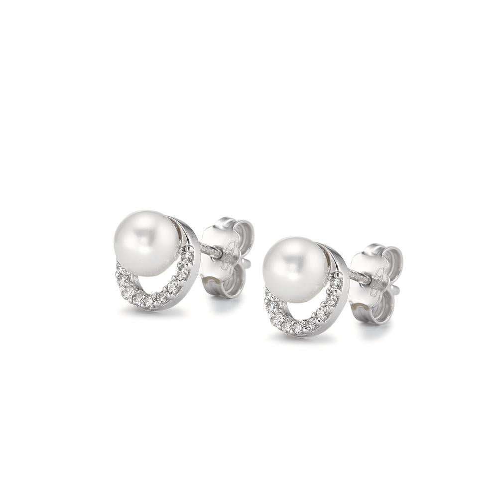 Clous d'oreilles Or blanc 18K Zircone perle d'eau douce Ø7.5 mm