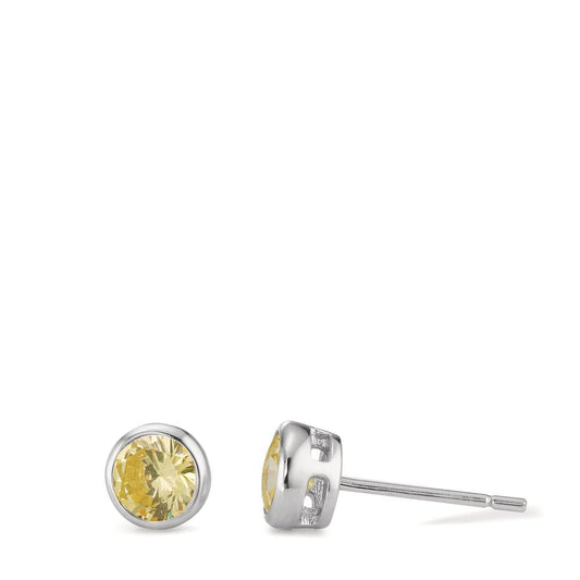 Clous d'oreilles Argent Zircone jaune, 2 Pierres Rhodié Ø6 mm