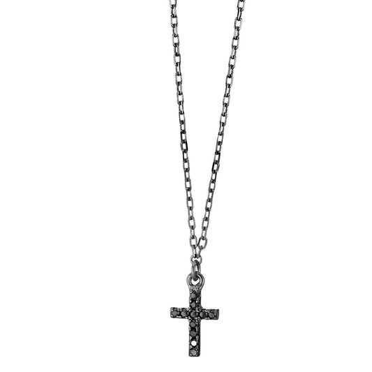 Collier Argent Zircone 11 Pierres noir Rhodié Croix 36-41 cm