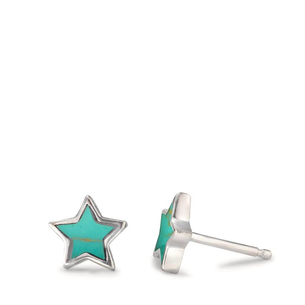 Clous d'oreilles Argent [synth. Stein] turquoise, 2 Pierres Étoile Ø8 mm