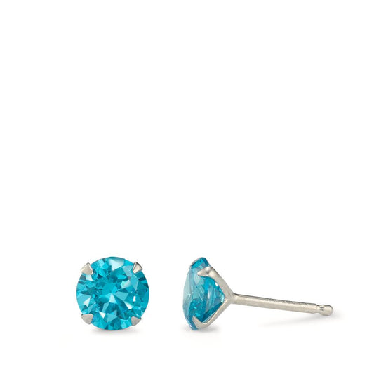 Clous d'oreilles Argent Zircone aqua, 2 Pierres Rhodié Ø7 mm