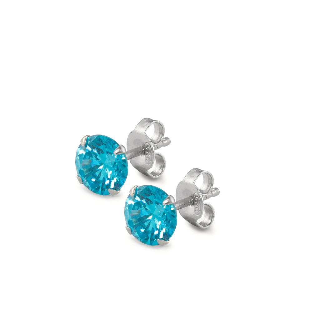 Clous d'oreilles Argent Zircone aqua, 2 Pierres Rhodié Ø7 mm