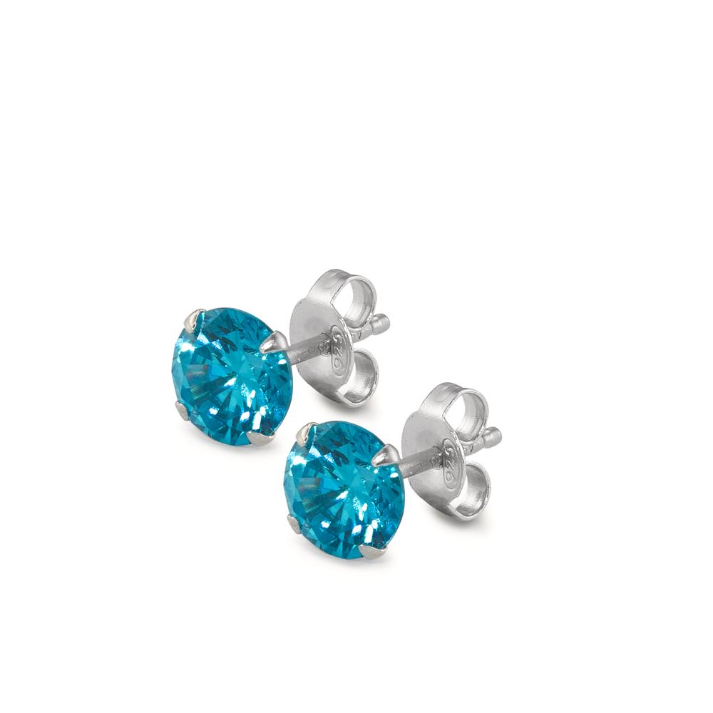 Clous d'oreilles Argent Zircone aqua, 2 Pierres Rhodié Ø7 mm