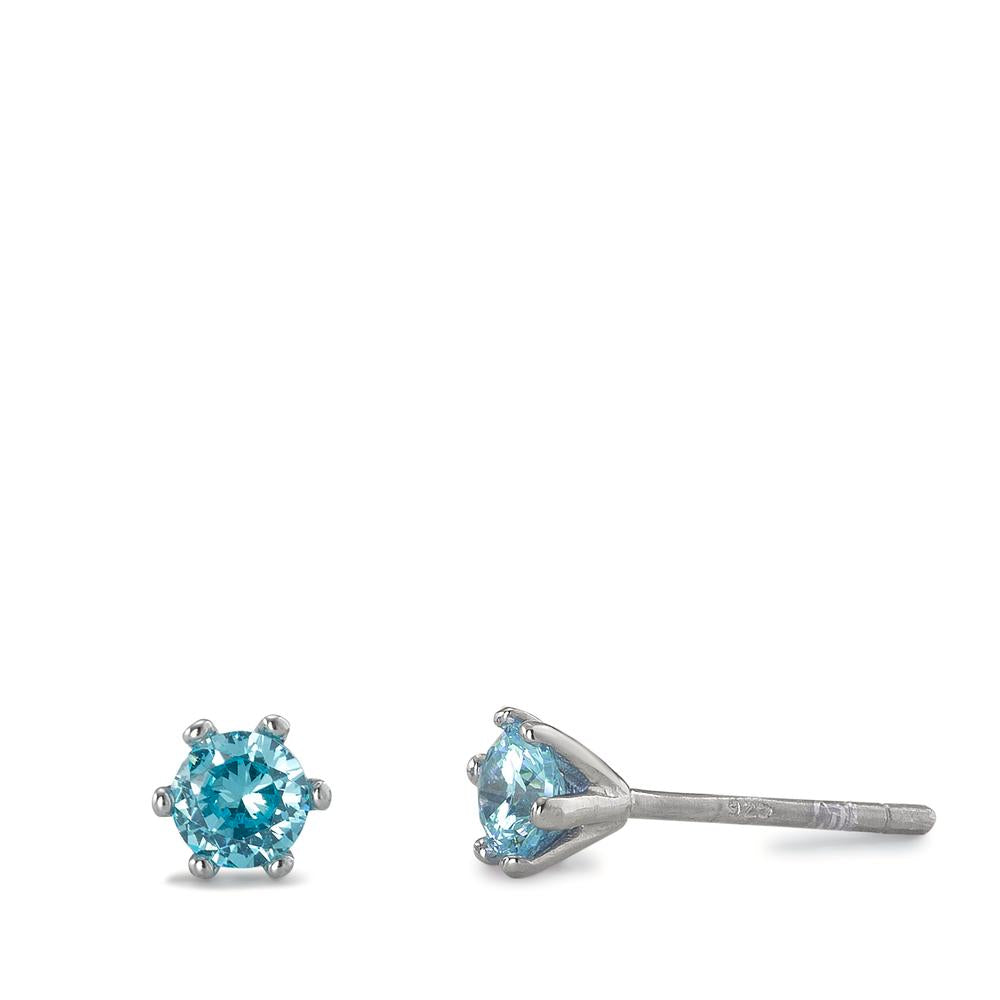 Clous d'oreilles Argent Zircone aqua, 2 Pierres Rhodié Ø4.5 mm