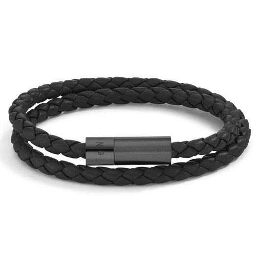 Bracelet Cuir, Acier inoxydable noir PVD 23 cm