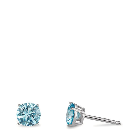 Clous d'oreilles Argent Zircone aqua, 2 Pierres Rhodié Ø6 mm