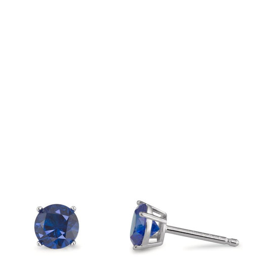 Clous d'oreilles Argent Zircone bleu saphir, 2 Pierres Rhodié Ø6 mm